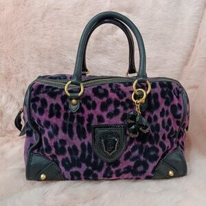 Juicy Couture Leopard Cheetah Bag Purse Tote Charm Vintage Duffle Velour Purple